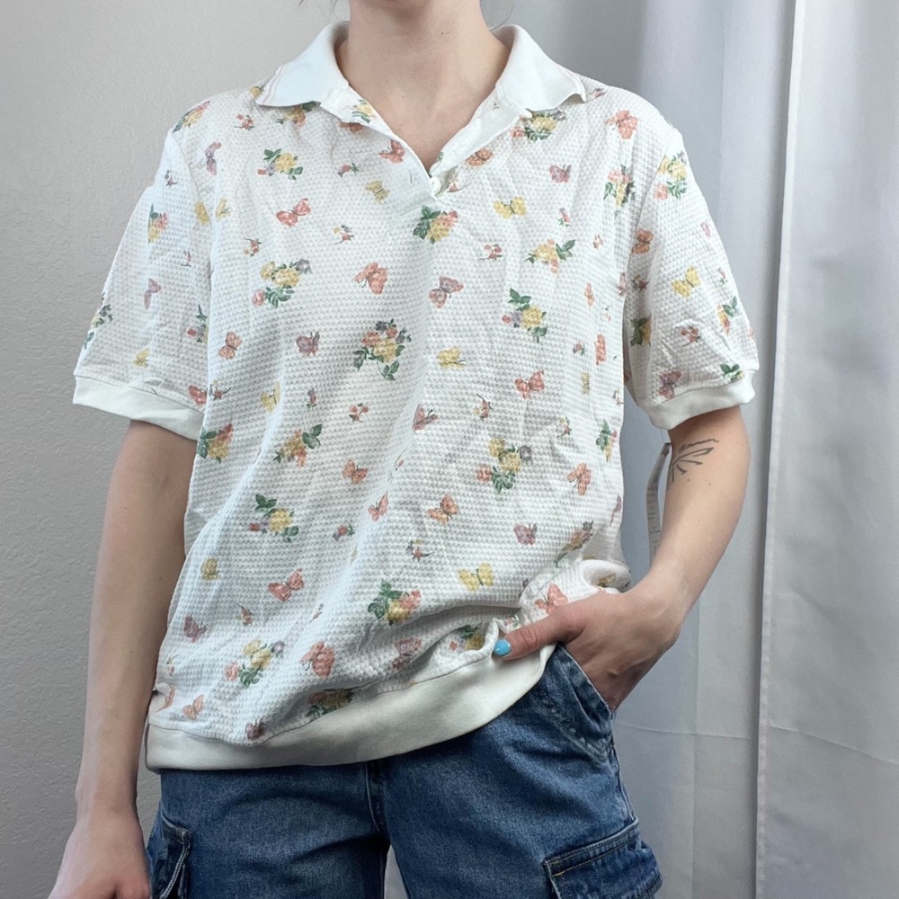 Vintage Floral Butterfly Top Womens Large Cottagecore Garden Grandma Whimsical